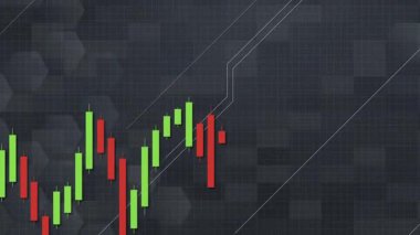 Candlestick grafik animasyonu dinamik hareket ve gradyan geçmişe sahip zorba bir eğilimi gösteriyor, finansal büyüme ve pazar analizini vurguluyor