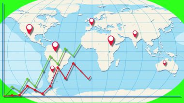 Bir dünya haritası üzerindeki hareketli çizgi grafiği, dinamik hareketler ve canlı renklerle küresel ekonomik eğilimleri gösteriyor