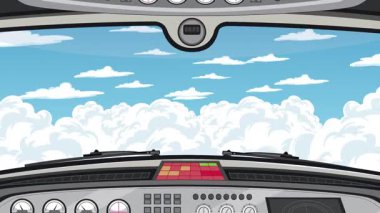 Dinamik bulutlarda uçan bir uçak kokpitinin canlandırılması, pürüzsüz geçişler ve canlı gökyüzü renkleri sergiliyor