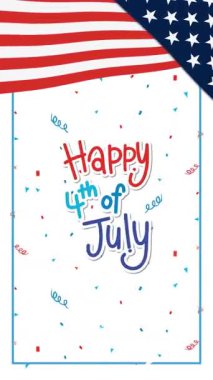 Konfeti ve Amerikan bayrak unsurlarıyla dinamik animasyon Bağımsızlık Günü 'nü canlı kırmızı, beyaz ve mavi renklerle kutluyor