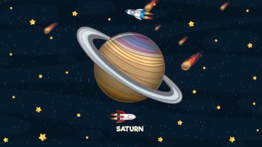 Roketler ve meteorlarla Satürn 'ün renkli animasyonu, dinamik hareketler ve neşeli bir kozmik tema