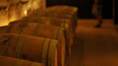 Sönük bir mahzende şarap fıçıları