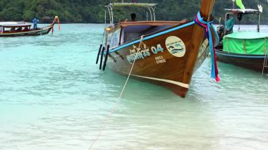 Tayland 'da manzaralı bir plaja demir atmış tekneler.