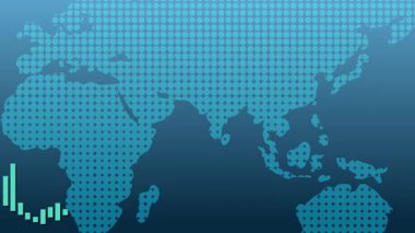 Dünya haritası üzerinde bir şamdan grafiklerinin dinamik animasyonu, küresel finansal eğilimleri pürüzsüz geçişler ve canlı renklerle betimliyor
