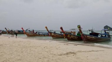 Uzun kuyruklu tekneler kumlu bir plaja demir attı.