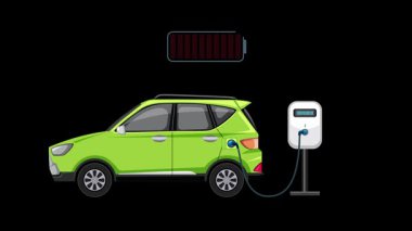 Siyah arka planda% 5 'ten% 100' e kadar pil artışı gösteren yeşil elektrikli bir arabanın animasyonu