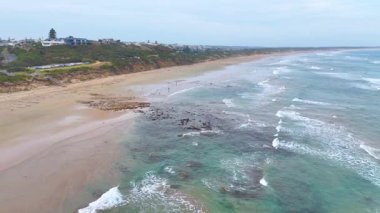 Hava görüntüleri Ocean Grove Sahili 'nde dalgaları yakalar ve yumuşak gün ışığı altında sakin kıyı manzarasını gösterir.