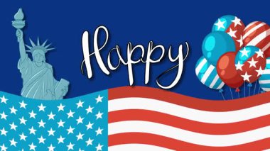 Havai fişeklerle, balonlarla dinamik animasyonlar ve Bağımsızlık Günü 'nü canlı kırmızı, beyaz ve mavi renkte kutlayan Özgürlük Heykeli.