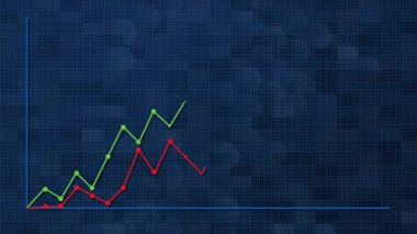 Değişen yeşil ve kırmızı çizgileri gösteren animasyon grafiği mavi şebeke arka planında, zaman içindeki finansal eğilimleri gösterir