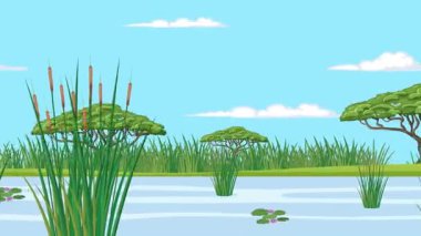 Hareketli sazlıklar ve akasya ağaçlarıyla hareketli Afrika savanasının canlı renkleri ve pürüzsüz geçişlerle dolu bir sahnesi.