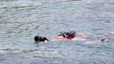 İki şnorkelçi hareketli suları keşfeder, dingin bir suda takım çalışması ve keşif yapar.