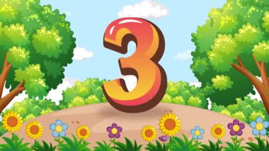 Canlandırılmış çocuklar renkli, canlı bir bahçe ortamında üç numara ile etkileşim halindedirler, oyunculuğu ve öğrenmeyi vurgularlar.