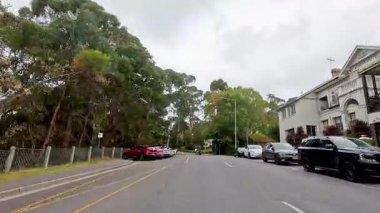 Büyük Okyanus Yolu 'ndaki yemyeşil ve park edilmiş arabaların arasından bulutlu bir ışık ve sakin bir atmosferle 14 saniyelik bir sürüş.