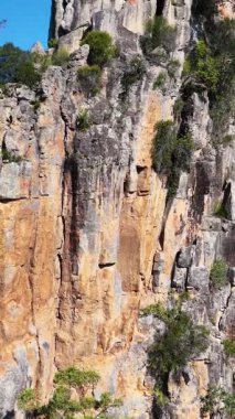 Nimbin, NSW 'de açık mavi gökyüzü altında engebeli kaya oluşumları ve yemyeşil yemyeşil manzaralar