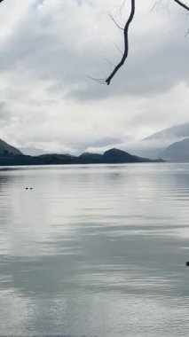 Ördeklerle, uzak dağlarla ve bulutlu gökyüzüyle sakin bir göl manzarası. Sakin su dingin ortamı yansıtır.