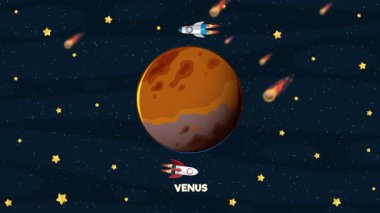 Canlandırılmış uzay aracı Venüs 'ün yörüngesinde yıldızların ve meteorların arasında pürüzsüz geçişlerle dolu, dinamik bir uzay sahnesinde döner.