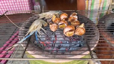 Kömür ızgarasında karides ve salyangoz pişirmek.