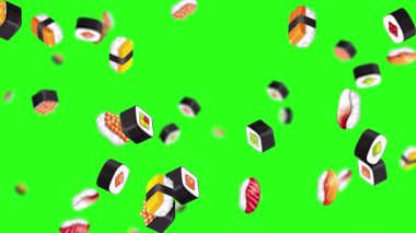 Suşi parçaları yeşil ekrana yağıyor.