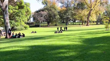 İnsanlar parkta güneşli bir günün tadını çıkarıyorlar.