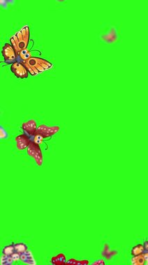 Canlı kelebekler dinamik bir şekilde yeşil bir arka planda uçar, canlı ve tuhaf bir animasyon yaratır.