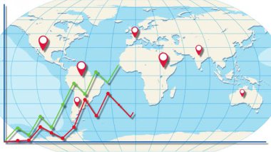 Bir dünya haritası üzerinde dinamik çizgi grafikleri canlı renkler ve stratejik konum işaretleriyle küresel ekonomik dalgalanmaları vurguluyor