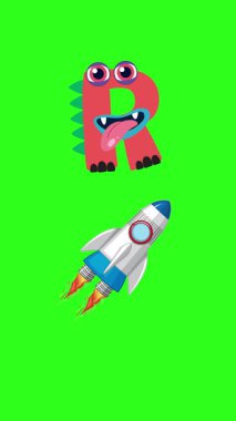 R harfinin yeşil arkaplanda oyuncu hareketlerle bir rokete dönüşmesinin renkli animasyonu