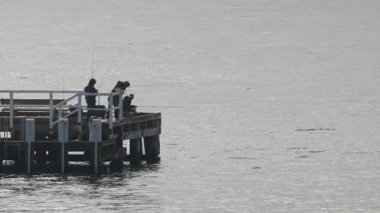 İki kişi iskelede balık tutuyor.