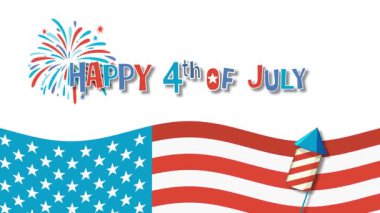 Havai fişeklerle dinamik animasyon, Amerikan bayrağı ve kırmızı, beyaz ve mavi renklerde kutlama metni.