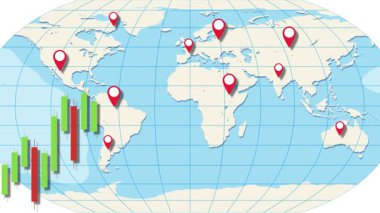 20 saniyeden fazla süren küresel ekonomik dalgalanmaları ve pazar eğilimlerini gösteren dinamik şamdan grafikleriyle bir dünya haritasının animasyonu
