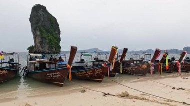 Huzurlu bir Krabi plajına demir atmış tekneler.