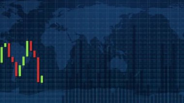 Bir dünya haritası arkaplanı üzerinde piyasa dalgalanmalarını gösteren Candlestick grafik animasyonu, finansal eğilimleri ve ekonomik dinamikleri vurguluyor