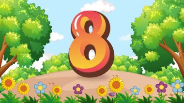 Canlandırılmış çocuklar, eğlenceli ve öğrenmeyi vurgulayarak renkli bir park ortamında büyük bir sekiz numarayla neşeyle etkileşim halindedirler.