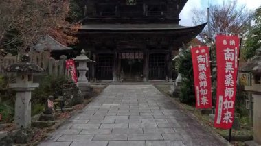 Geleneksel bir Japon tapınağına doğru barışçıl bir yürüyüş.