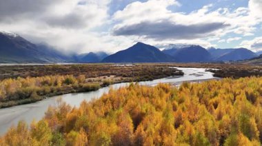 Glenorchy, Yeni Zelanda 'da dinamik gökyüzü altında dolambaçlı bir nehir boyunca canlı sonbahar yapraklarının havadan görünüşü