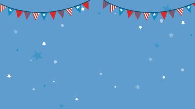 Amerikan bayrağı renkleri ve şenlikli bayrağı olan animasyon yıldızı mavi arka planda Bağımsızlık Günü 'nü kutluyor