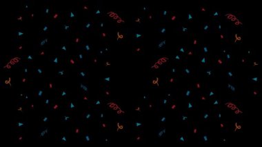Renkli konfeti şekilleri enerjik bir şekilde karanlık bir zemine doğru hareket ederek canlı ve şenlikli bir atmosfer yaratıyor.