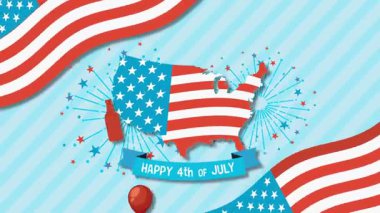 Amerikan bayrakları, havai fişekler ve renkli neşeli unsurlarla Bağımsızlık Günü 'nün animasyon kutlaması.