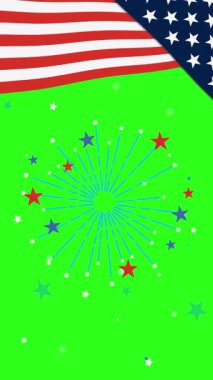 Havai fişeklerle, Amerikan bayrağıyla ve yeşil arka planda '4 Temmuz Bağımsızlık Günü' metniyle canlı animasyon