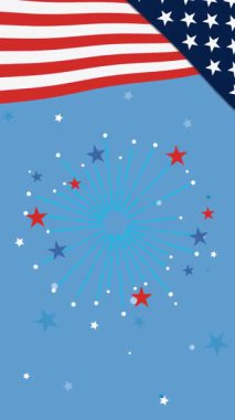 Bağımsızlık Günü 'nü canlı mavi ve kırmızı renklerle kutlayan havai fişekler, yıldızlar ve Amerikan bayrak unsurlarıyla vatanseverlik animasyonu