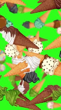 Dondurma külahları parlak yeşil bir zemine karşı çağlıyor. Neşeli, renkli ve dinamik bir animasyon.