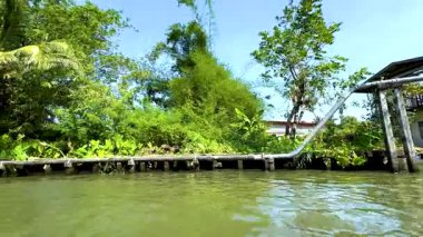 Tekne yemyeşil kanal manzarasında seyahat eder.