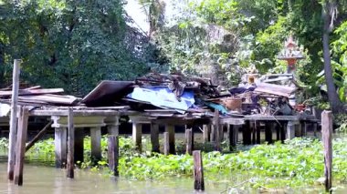 Harap olmuş ahşap bir ev Bangkok 'ta, yemyeşil bir kanalın yanında duruyor ve sakin ama ihmal edilmiş bir atmosferi yansıtıyor.