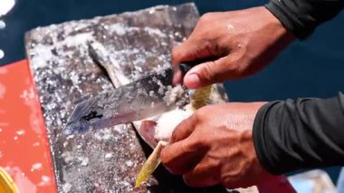 Phuket 'te bir teknede balık pullayan eller.