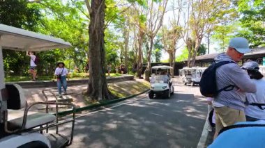 Ziyaretçiler manzaralı bir golf arabası turunun tadını çıkarıyorlar