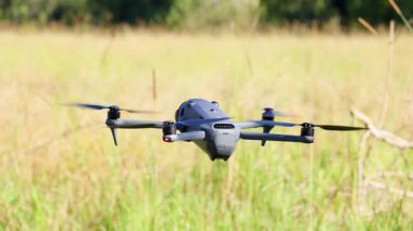 Bir insansız hava aracı gündüz vakti Avustralya 'nın Gold Coast kentindeki çimenli bir arazide uçar ve döner.