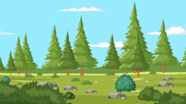 Hareketli, canlı renkleri ve sakin atmosferi olan hareketli orman manzarası. Özellikler yemyeşil ve açık mavi gökyüzü