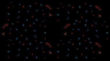 Renkli konfeti şekilleri enerjik bir şekilde karanlık bir zemine doğru hareket ederek canlı ve şenlikli bir atmosfer yaratıyor.