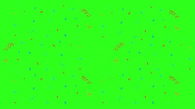 Renkli konfeti parçaları dinamik bir şekilde parlak yeşil bir zemin boyunca hareket ederek neşeli ve canlı bir atmosfer yaratıyor.