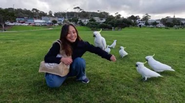 Parkta kadın kakadularla besleniyor ve oynuyor.