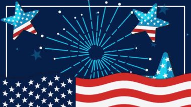 Dinamik animasyon Bağımsızlık Günü 'nü canlı yıldızlar, havai fişekler ve bayrak motifleriyle şenlik tarzında kutluyor.